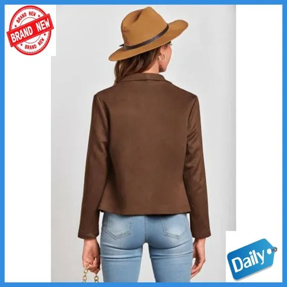 Faux Suede Cropped Jacket, Long Sleeve Open Front, Fall Winter Coat - Picture 2 of 7